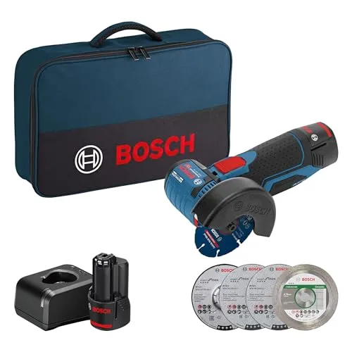 Bosch PRO 12V System Akku Winkelschleifer GWS 12V-76 (inkl. 2x 2.0Ah Akku, 5tlg. Trenn- und Schleifscheiben-Set, Tasche)