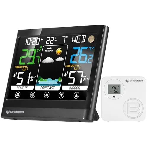 Bresser MeteoTemp BF Funk Wetterstation mit Touch-Display, Außensensor, Wettervorhersage, Raumklima-Indikator, Temperatur-, Luftfeuchtigkeit- und Empfang des DCF-Zeitsignals, Wecker
