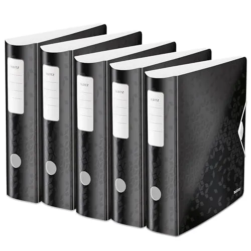 Leitz Qualitäts-Ordner 180° Active WOW, 5er Pack, A4, Breit, Abgerundeter Rücken, 8,2 cm breit, Gummibandverschluss, Leichtes Polyfoam, Plastik-Ordner, WOW Serie, Schwarz, 11060095