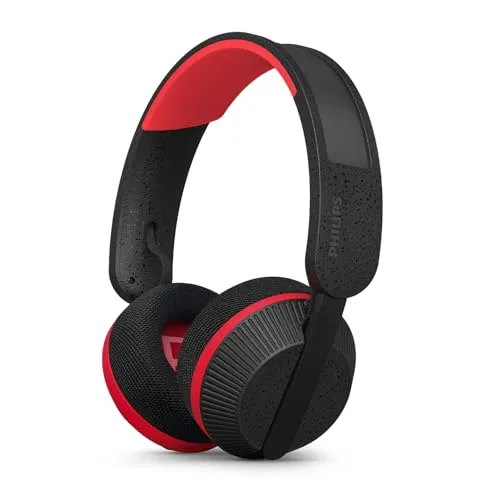PHILIPS TAA6219BK Solar Powered Self Charging On Ear Bluetooth Headphones - 80 Hour Battery Reserve Ideal for Working Out, Running and Other Sports - Black and Red