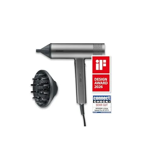 Severin Ionen-Haartrockner inkl. Diffusor, Konzentrator, leistungsstarker Föhn und langlebiger Haar-Trockner, BLDC-Motor, Ionic-Technologie, S-Style Speed Pro, 2,8m Kabel, 2.000W, anthrazit, HT 0171