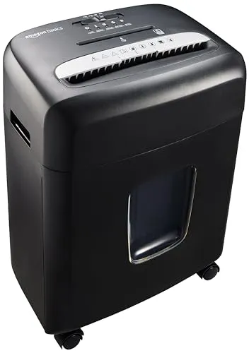 Amazon Basics Aktenvernichter mit Mikropartikelschnitt, 8 Blatt, mit Transparentem Sichtfenster, für Dokumente, CDs und Kreditkarten, 15l Auffangbehälter, Schwarz
