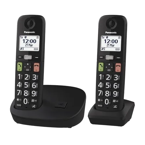 Panasonic KX-TGU112EXB digitales schnurloses Telefon ohne Anrufbeantworter, Basisstation & 2 Mobilteile, LCD-Display, große Tasten, Favoriten-Taste, hörgerätekompatibel, Schwarz