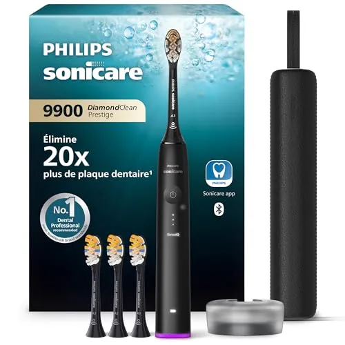 Philips Sonicare - Brosse à dents électrique DiamondClean 9900 Prestige avec technologie SenseIQ et application, 5 modes de brossage, étui de voyage avec chargeur, noir, modèle HX9992/43
