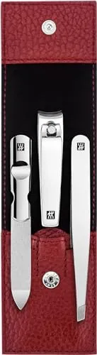 ZWILLING Maniküre-Set (3 teilig, Nagelpflege und Pediküre, Echleder Etui, mit Nagelknipser), Edelstahl Poliert, Rot