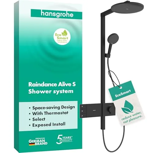 hansgrohe Raindance Alive S - Colonna doccia a risparmio idrico (EcoSmart) con miscelatore termostatico, Sistema doccia con rubinetto, doccetta, tubo, asta e soffione doccia, nero opaco, 24596670