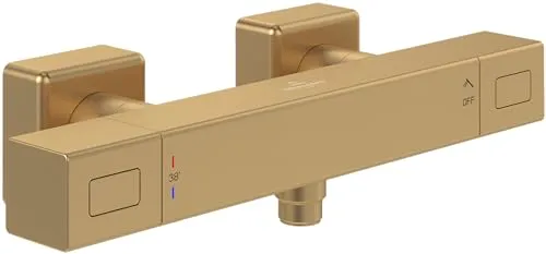Villeroy & Boch Universal Taps & Fittings Duschthermostat, Duscharmatur mit Verbrühschutz und Sicherheitssperre bei 38°, Mischbatterie Dusche Aufputz, eckig, Brushed Gold