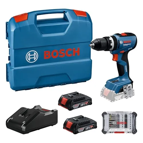 Bosch Professional 18V System Akku-Bohrschrauber GSB 18V-65 (bürstenloser Motor, Kopflänge 175, inkl. 2x Akku 2.0Ah, GAL 18V-40 Ladegerät, 1x Schraubendreher-Set, L-BOXX)
