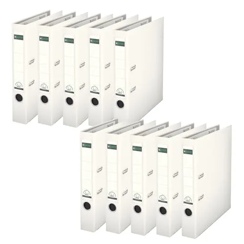 Leitz Qualitäts-Ordner 180° Plastik, 10er Pack, das Original, DIN A4 Aktenordner 5 cm schmal, 90% Recycling-Karton, 30% Pre-Consumer Recycling-Kunststoff, Mit 180° Mechanik, 350 Blatt, Weiß, 10151001