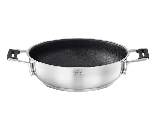 RÖSLE SILENCE PRO Servierpfanne, Pfanne mit kratzfester Premium-Antihaftversiegelung ProResist, Silikongriffe, 24 cm, Edelstahl 18/10, induktionsgeeignet, spülmaschinengeeignet, Silberfarben/Schwarz