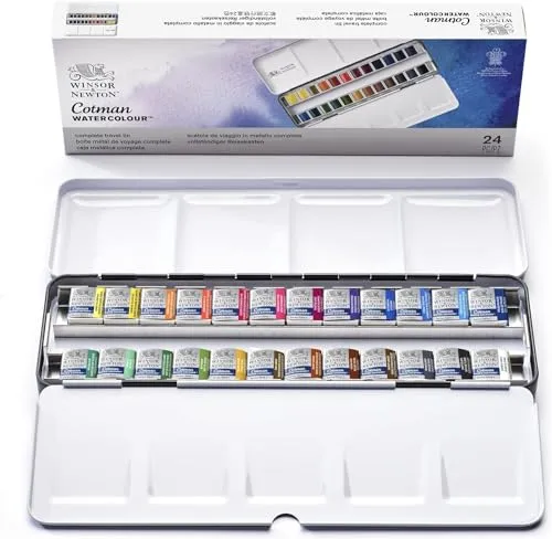 Winsor & Newton 0390645 Cotman Aquarellfarben Metal Sketch Box, 24 lebendige Wasserfarben aus hochwertigen Pigmenten in 1/2 Näpfen mit Mischpalette