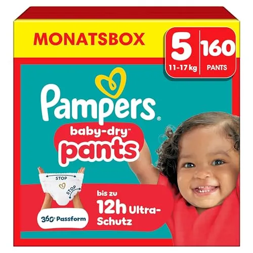 Pampers Baby-Dry Pants Größe 5, 160 Windeln, 11kg-17kg, 360° Passform hilft, Auslaufen zu verhindern