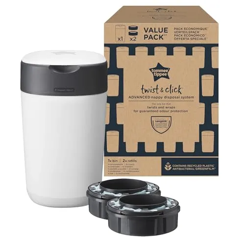Tommee Tippee Twist and Click Advanced Windeleimer mit 2 Nachfüllkassetten, garantierter Geruchs- und Keimschutz, großes Fassungsvermögen (Verpackung kann variieren)