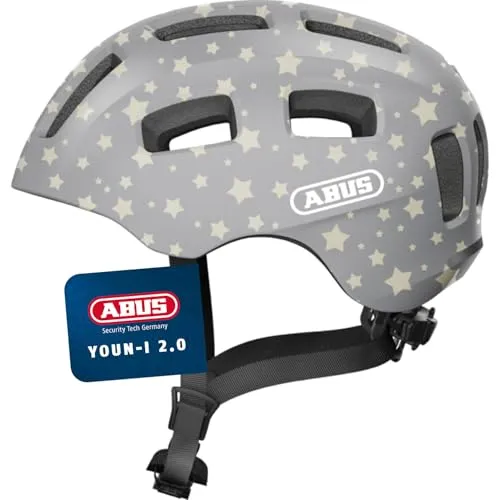 ABUS Fahrradhelm Youn-I 2.0 - mit Licht für Kinder, Jugendliche und junge Erwachsene - für Mädels und Jungs - Grau mit Stern-Muster, Größe M