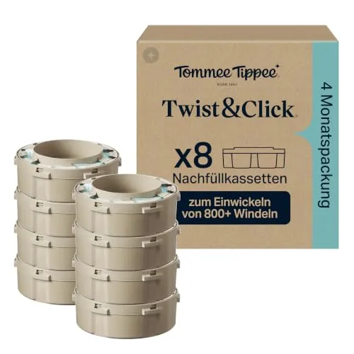 Tommee Tippee Twist & Click Advanced Windeleimer Original-Nachfüllkassetten, Exklusivpackung mit 8, je 10,5 Meter, einfaches, preiswertes Nachfüllen, 8 X 10,5 m (Packung kann variieren)