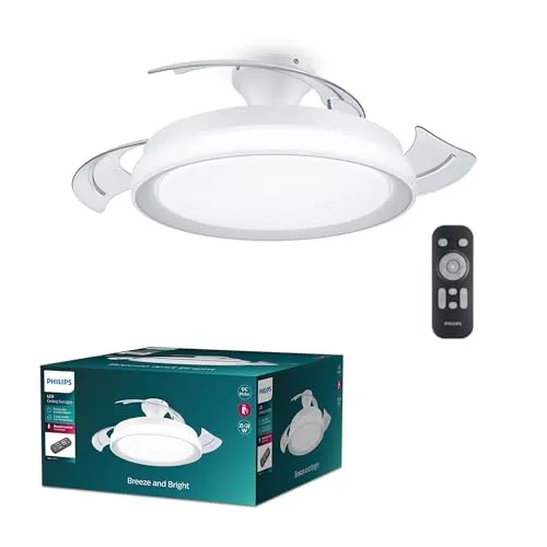 PHILIPS Atlas Deckenventilator mit einziehbaren Flügeln und LED-Beleuchtung, 3 Flügel, 106 cm Flügelspannweite, 3 Beleuchtungsstufen, einstellbares weißes Licht, besonders leise, Modell 2024, weiß