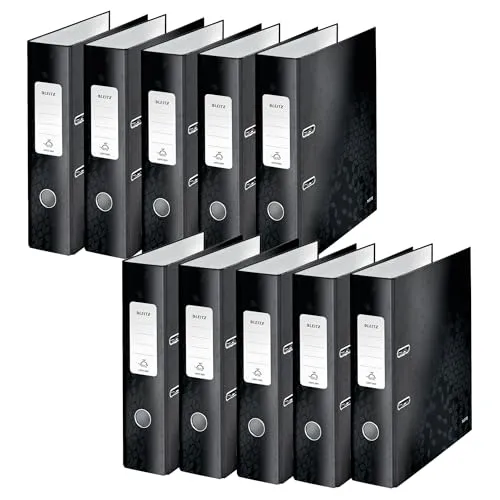 Leitz Qualitäts-Ordner 180°, 10er Pack, A4, 8 cm Rückenbreite, laminierte Graupappe, Schwarz, WOW Serie, Design kann variieren, 10050095