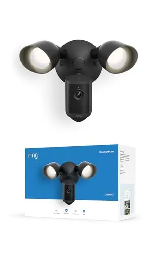 Ring Caméra Floodlight (Floodlight Cam), raccordée (nouvelle génération), Vidéo Retinal 2K grand-angle, Zoom amélioré x6, Projecteurs ultra-lumineux, Essai gratuit de 30 jours à l'abonnement Ring