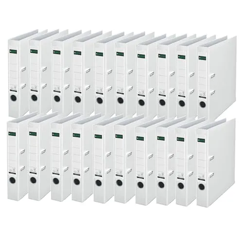 Leitz Qualitäts-Ordner 180° Plastik, 20er Pack, das Original, DIN A4 Aktenordner 5,2 cm, schmal, Kunststoff-Ordner mit PP-laminiertem Einband, Mit 180° Mechanik, Weiß, 10155001