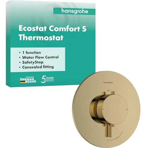 hansgrohe Ecostat Comfort S - termostato para ducha empotrado, grifo ducha con botón de seguridad (SafetyStop) a 40 °C, mezclador para 1 función, color oro pulido, 33714990