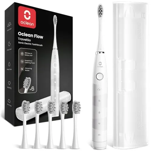 Oclean Elektrische Zahnbürste Flow Gift Set, 180 Tage Akkulaufzeit Sonic Electric Toothbrush mit Reiseetui und 6 Bürstenköpfen, 5 Modi Schallzahnbürste mit IPX7 Wasserdicht, Weiß