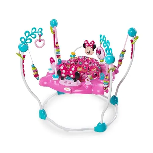 Bright Starts, Disney Baby, Aire d'Eveil à Rebonds Minnie PeekABoo avec plus de 12 jouets d'activité, trotteur avec musique et lumières, siège tournant à 360 degrés, réglable, rose, 6 mois et plus