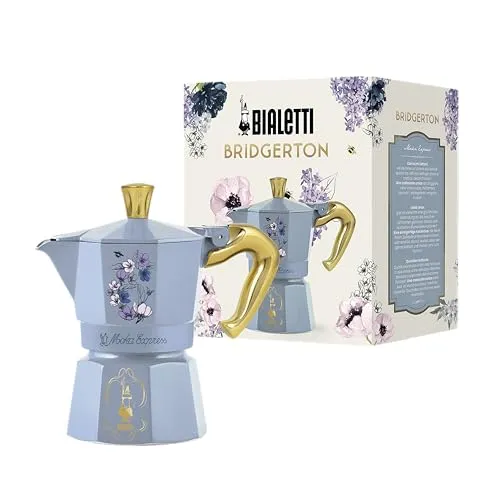 Bialetti Moka Express Bridgerton 3 Tassen, Griff mit Verbrühschutz, nicht für Induktion geeignet, 3 Tassen (130 ml), Aluminium, Himmelblau