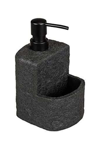 WENKO Dispenser di detersivo Festival Stone nero, dispenser ricaricabile, in ottica pietra di poliresina di qualità, con ripiano aggiuntivo per spugnetta, capacità 380 ml, 10,5 x 18 x 11 cm