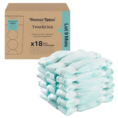 Tommee Tippee Film de Recharge Poubelle à couches Twist & Click, Lot de 18, Longueur 10,5m chacun, Film multicouches antibactérien*, Se glisse dans la cassette Twist & Click, 18 x 10,5m