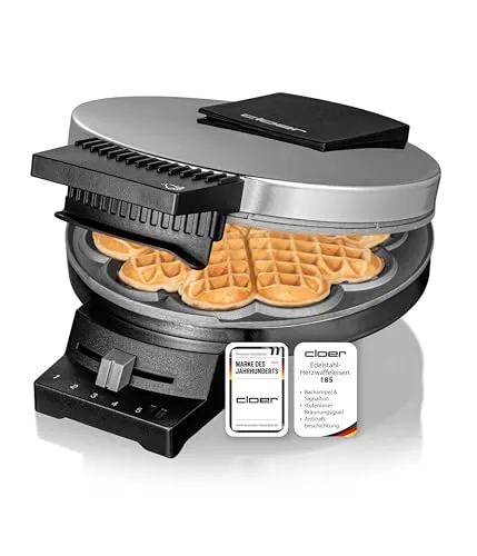 Cloer 185 Waffeleisen für eine Herzwaffel mit 16 cm Durchmesser, Herzwaffeleisen mit Doppelbeschichtung, schweren Backplatten, stufenlosem Bräunungsgrad, Backampel & Signalton, Edelstahl, 930 W, Chrom