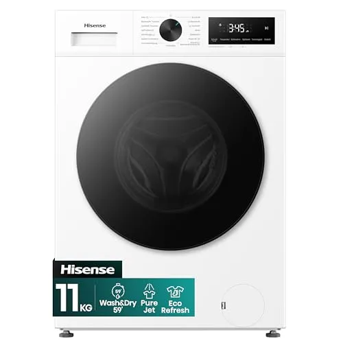 Hisense WD1I1142BWL2 Waschtrockner, 11 Kg, 1400 U/Min, 15 Programme, Automix-Waschmittelschubfach, Pure Jet, Wash&Dry 59', Eco Refresh, Schnellwaschgang, Dampffunktion, Anti-Allergie, EEK A-D, Weiß