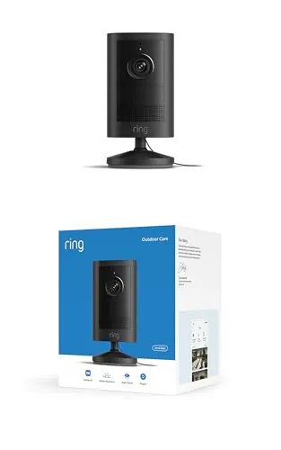 Ring Outdoor Camera 2K, Cámara exterior, Con enchufe (última gen.), Fácil instalación por cuenta propia, Vídeo Retinal 2K de gran angular, Zoom mejorado de hasta 6 aumentos y visión nocturna, Negro