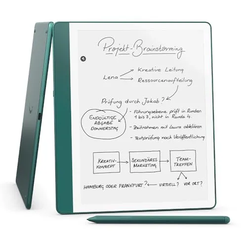 Amazon Kindle Scribe (64 GB) – Neuartiges Display mit gleichmäßigem Rahmen | Schreib einfach in Bücher und Dokumente | Mit Notizbuchzusammenfassung | Mit Premium-Eingabestift – Jadegrün Metallic