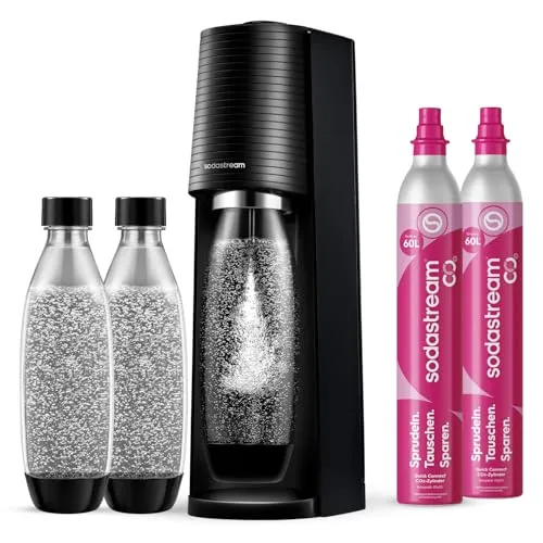 Sodastream - Terra Wassersprudler, Quick Connect Zylindersystem, mit 2x 60L CO2-Zylinder, 3x BPA-freie 1L Flasche, spülmaschinengeeignet, Nachhaltig & reduziert Einwegplastikmüll, schwarz