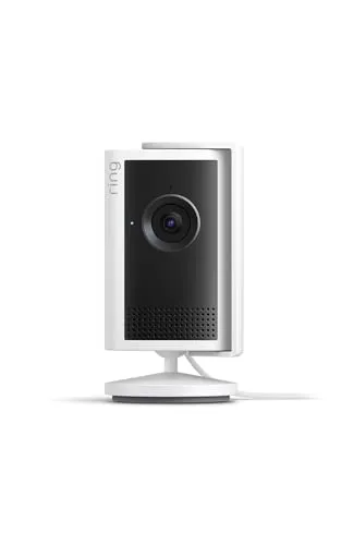 Ring Cámara interior Plus (Indoor Camera Plus, última generación), Cámara de seguridad, enchufe, Retinal 2K, cubierta manual del objetivo, Prueba gratuita de 30 días del plan de suscripción Ring