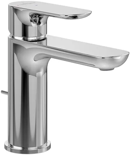 Villeroy & Boch O.novo Waschtischarmatur, Wasserhahn Bad mit Kaltstart-Funktion und Zugstange, Waschbeckenarmatur wassersparend, Auslauf Höhe 105mm, rund, Chrom