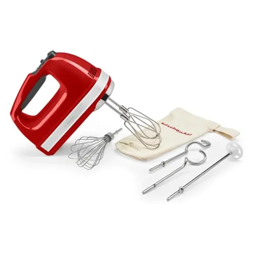 KitchenAid Handmixer 9 Stufen, 85W leiser DC-Motor mit Sanftanlauf, 6 Zubehörteile – Rühr-, Knethaken, Schneebesen & Rührstab, Schwenkkabel, Tasche, Empire Red