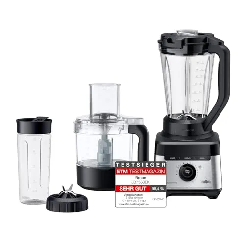 Braun PowerBlend 7 – Hochleistungs-Standmixer mit 30.000 U/min für cremige Smoothies, Shakes & Saucen, TriAction-Mixkrug, iTextureControl, Smoothie2Go 600 ml To-Go Becher, 1400W, Schwarz (JB7568BK)