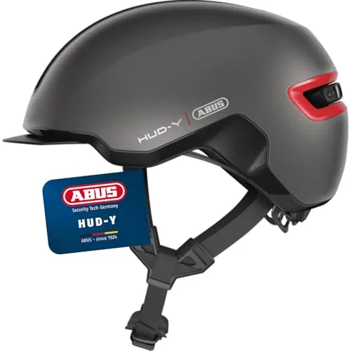 ABUS Urban Helm HUD-Y - mit magnetischem, aufladbarem LED-Rücklicht & Magnetverschluss - cooler Fahrradhelm für den Alltag - Damen und Herren - Titan/Rot Matt, Größe S, S (51-55 cm)