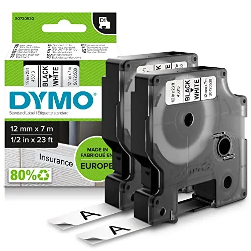 DYMO Original D1-Etikettenband | schwarz auf weiß | 12 mm x 7 m | selbstklebendes Schriftband| für LabelManager-Beschriftungsgerät | 2 Etikettenkassetten