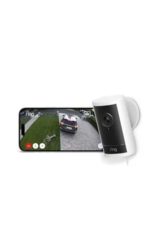 Ring Caméra extérieure Pro sur secteur (Outdoor Camera Pro, nouvelle génération), Caméra de surveillance, Retinal Vision 4K, zoom jusqu'à 10X, Essai gratuit de 30 jours de l'abonnement Ring