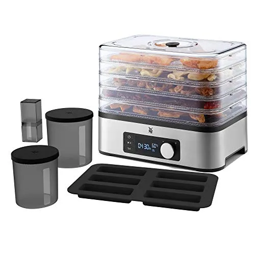WMF Küchenminis Dörrautomat Edelstahl, Dörrgerät mit 5 Einlegefächern, 30-70°C, bis 24h-Timer, Obsttrockner, Dehydrator, 2 Aufbewahrungsboxen, Müsliriegelform, spülmaschinengeeignete Teile