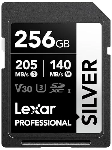 Lexar Silver SD Karte 256GB, UHS-I SDXC Card 205 MB/s Read Speed, 140 MB/s Write Speed, V30, U3, C10, 4K UHD Video, SD Card Memory Card with Lexar Lifetime Data Recovery