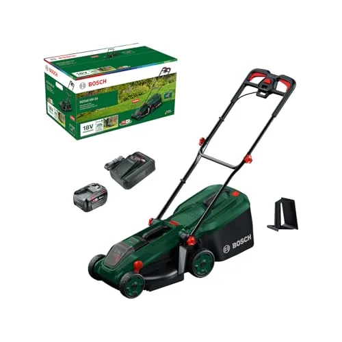Bosch Akku-Rasenmäher ROTAK18V-34 (Schnittbreite: 34 cm, Schnitthöhe: 25-65 mm, 35 l Stoff-Grasfangkorb, Mulchstopfen, inkl. Akku und Ladegerät)