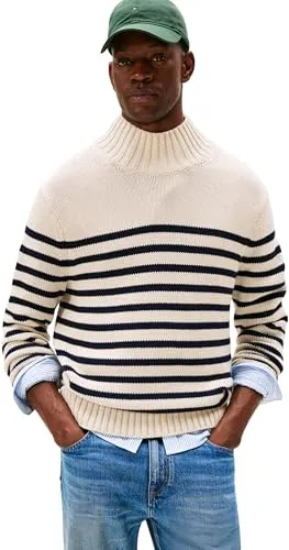 Tommy Hilfiger Herren Pullover Breton Cotton Stripe mit Mock-Neck, Mehrfarbig (Oatmilk Htr/Desert Sky), XL