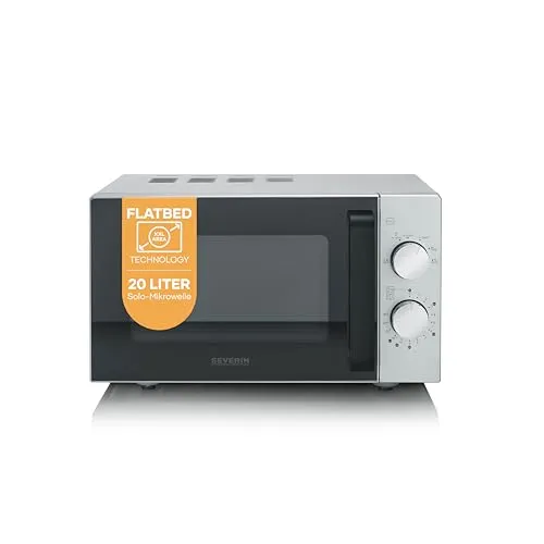 Severin Solo-Mikrowelle mit Glasboden, Flatbed (flacher Hohlraum für große Speisen), ohne Drehteller, gleichmäßige Erwärmung, 6 Stufen, 2 Drehregler, 20L, 800W, matt,schwarz,Edelstahl, MW 9184