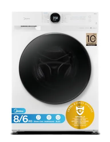 Midea MF200D86WB-14EAS Waschtrokner, 8/6kg Waschen/Trocknen, A, Inverter Mortor, Auffrischen, 60 Min. Waschen & Trocknen, Steam Care, Turbo Wash, 48 cm tief, APP-Steuerung, AquaStop
