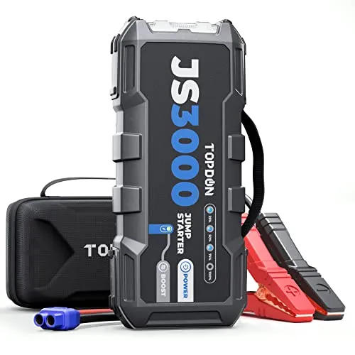 TOPDON JS3000 Starthilfe Powerbank für PKW, Booster Auto Starthilfe für bis zu 9L Benzin&7L Diesel, Starterbatterie 12V Jump Starter Powerpack mit Eva Tasche, Kabel, LED, 3000A/24000mAh