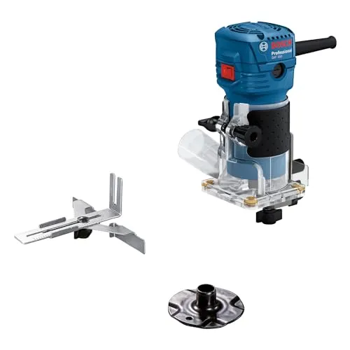 Bosch PRO Kantenfräse GLF 55-6 (550-W-Motor, Drehzahl 33.000 min⁻¹, inkl. 2x Einmaulschlüssel, 1x Spannzange, Parallelanschlag, Führungsrolle zum Bündigfräsen)
