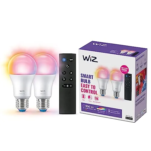 WiZ Pack de 2 bombillas con mando a distancia - Luz de color y blanca - Bombilla LED inteligente -E27-60 W - Conecta a Wi-Fi - Fácil de controlar, con tecnología SpaceSense